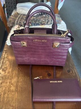 Michael Kors Plum Croc-Embossed Satchel with Matching Wristlet